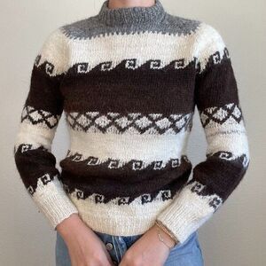 Vintage Hand Knit Neutral Brown Alpaca Geometric Crewneck Retro Sweater Sz M